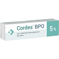 Weiße Schachtel mit Akne-Gel, Cordes BPO 5%, Benzoylperoxid.