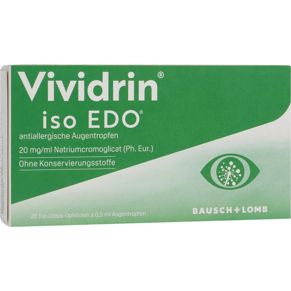 Grüne Packung von Vividrin Augentropfen gegen Allergien.